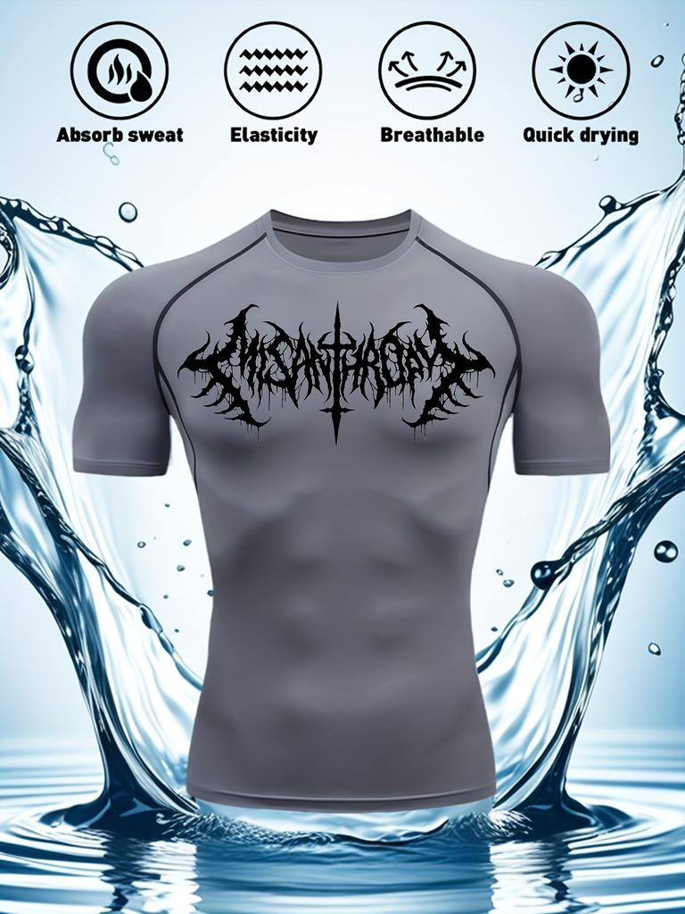 Mens Black Compression Short Sleeve T-Shirt White Death Metal Tribal Graphic Absorb Sweat Quick Dry High Elasticity Gym And MMA Athletic Top