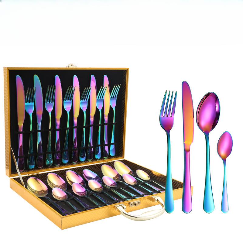 

Посуда из нержавеющей стали 1010, золотая деревянная коробка, нож в стиле вестерн, 24 предмета, вилка и ложка, четыре основных ножа для стейка 34.5*25.5*5.4 разноцветный