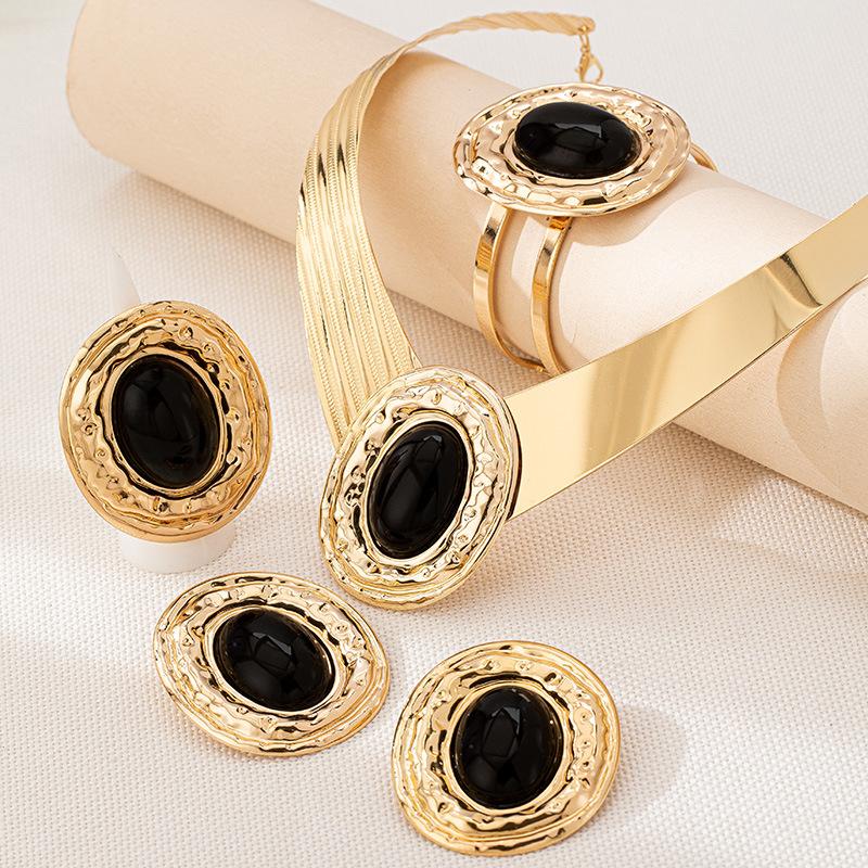Black Gemstone Setting, Collar Stud Earrings, Bracelet Set, Bohemian Jewelry.