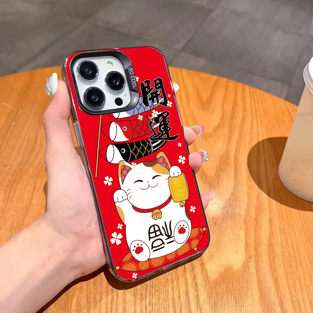 Lucky Money Cat M-Maneki N-Neko Phone Case For iPhone17 16 15 14 13 12 Pro Max Grey Black Matte Laser Metallic Aurora Funda