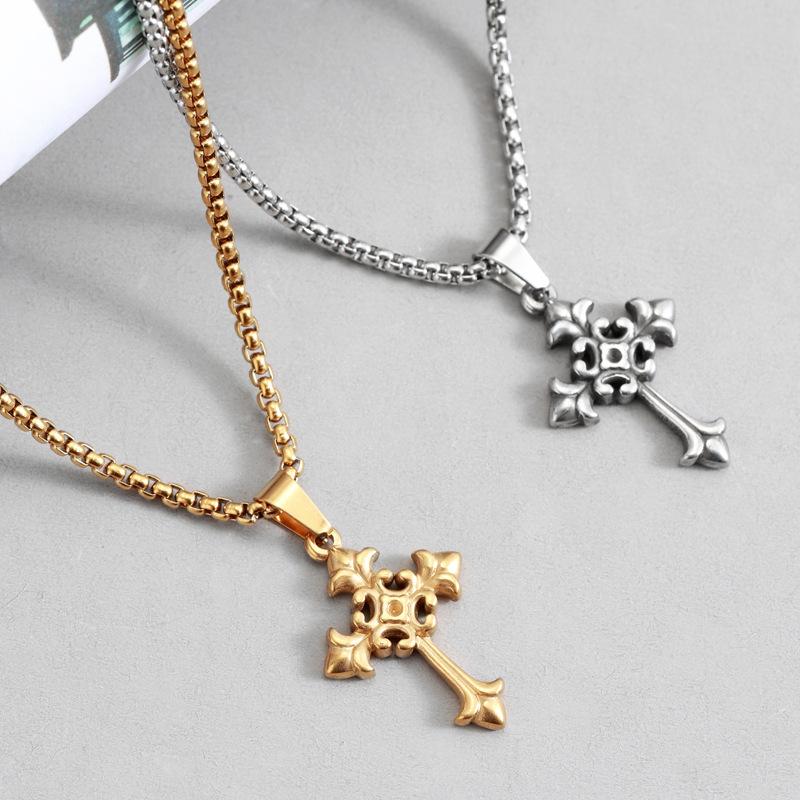 European and American Gothic Fashion Cross Pendant Colorless Titanium Steel Necklace