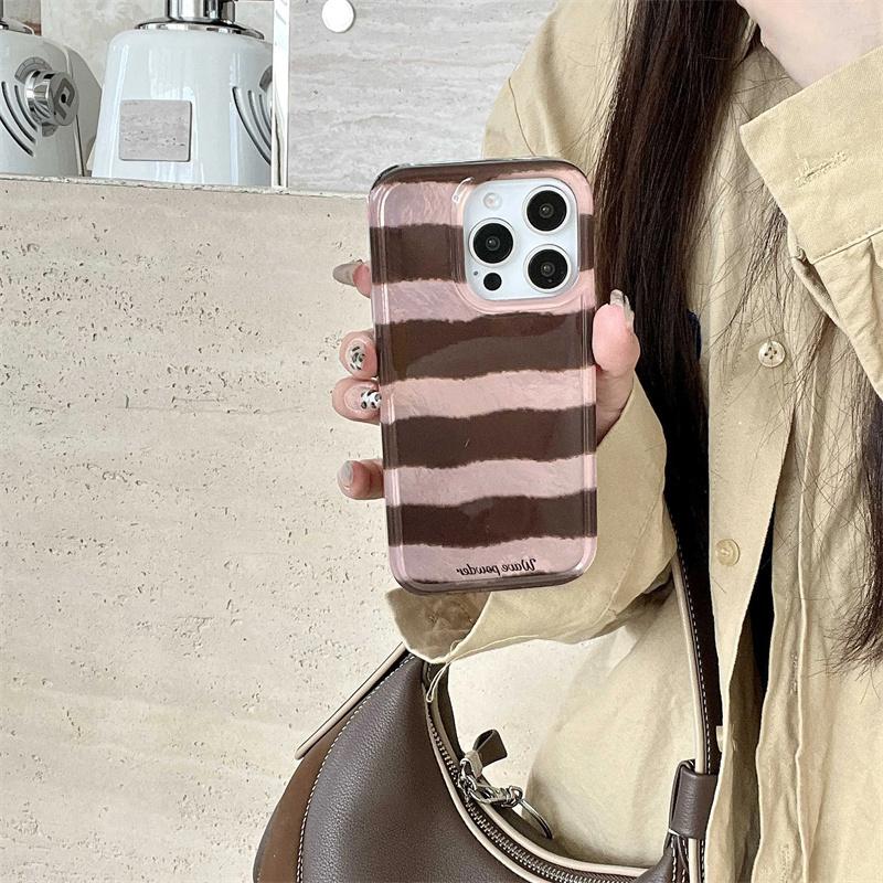 Brown Stripe Print Tinfoil Texture Hard Case for Iphone 16 15 14 13 PRO MAX 11 12 13 PRO XR 7 8 PLUS  Shockproof Phone Cover