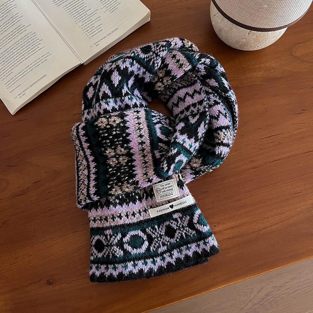 New High-end Casual Versatile Thickened Warm Scarf Winter Fair Island Style Retro Jacquard Knitted Scarf Women
