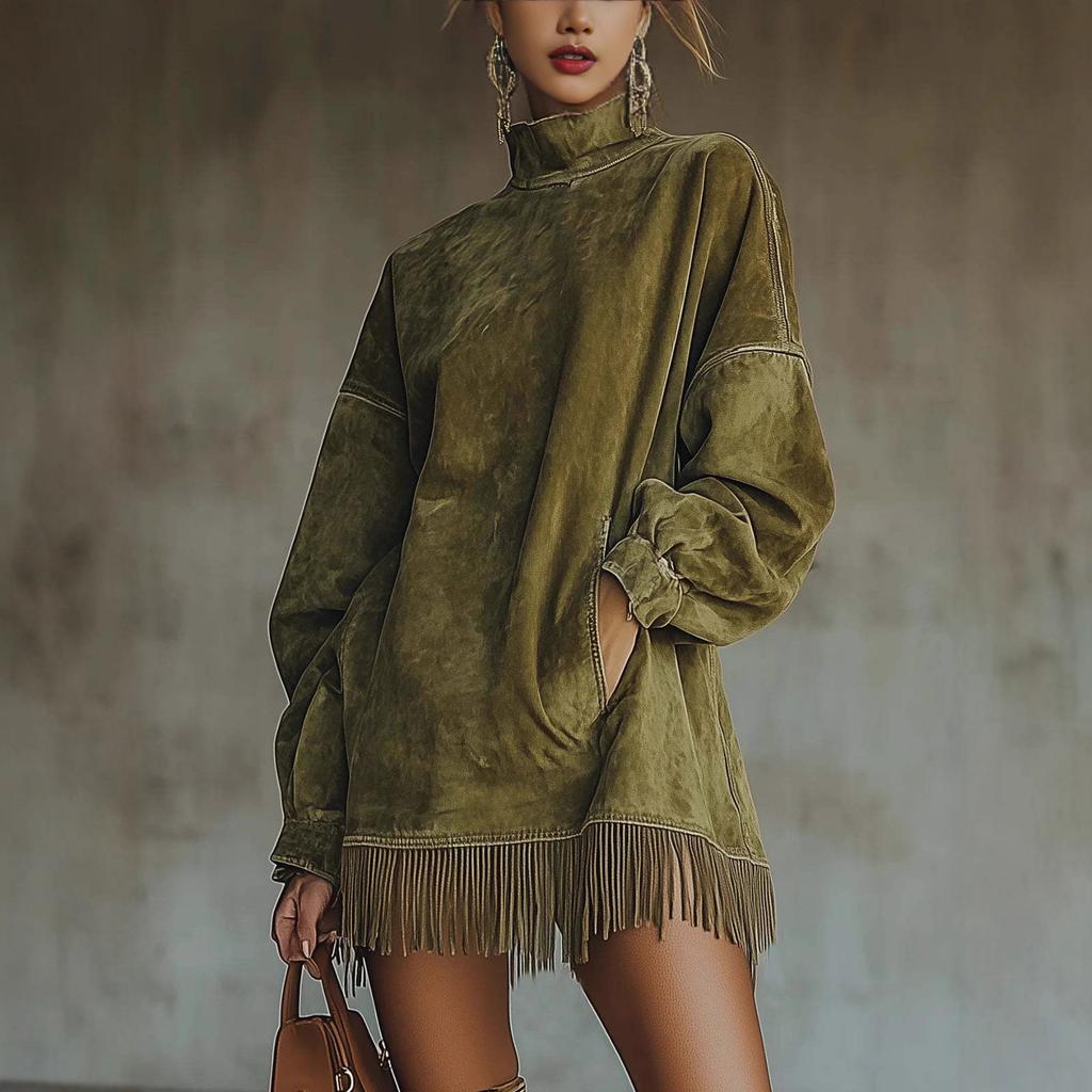 High-neck Loose Suede Dress with Pockets, Tassels and Long Sleeves