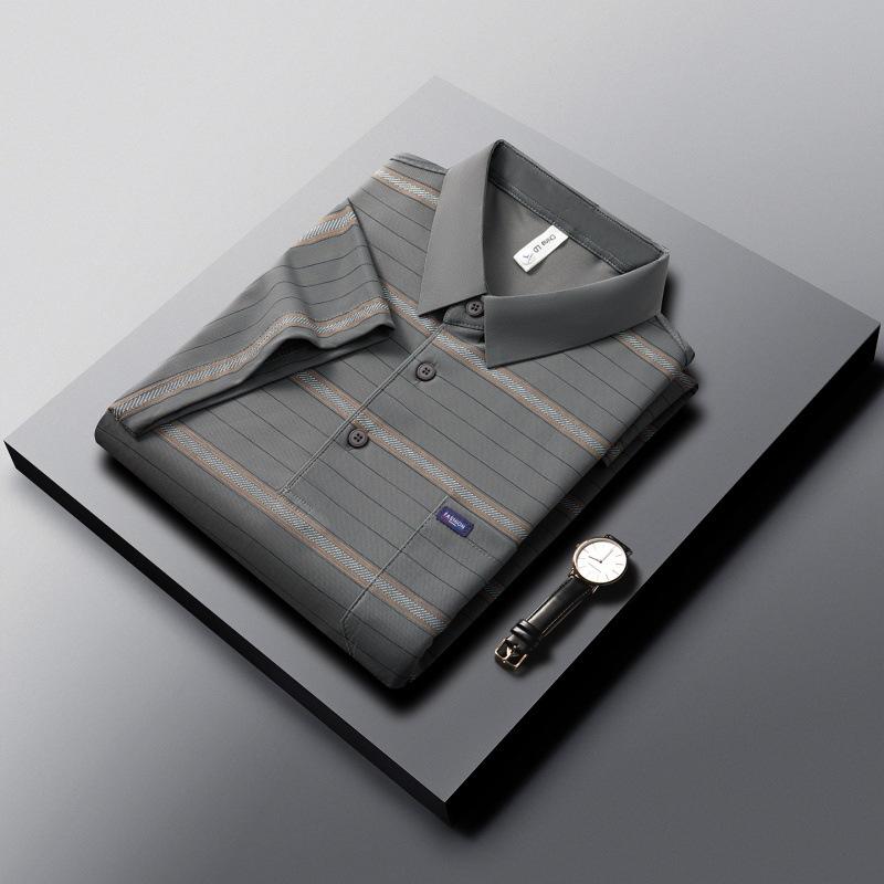 Striped Polo Ice Breathable Lapel Collar Short Sleeve Business Commute Casual Versatile T-Shirt M темно-серого