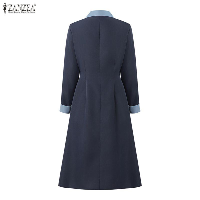ZANZEA Vestido feminino casual gola virada para baixo solto manga comprida