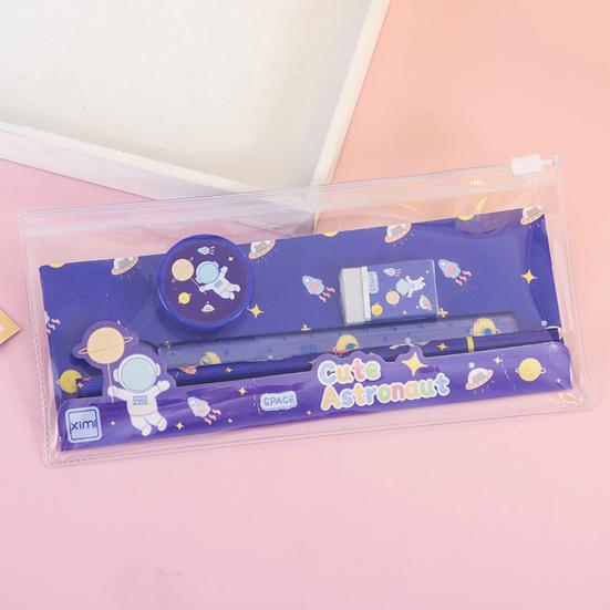 6Pcs/Set Kids Cartoon Stationery Set with 2 Pencils Eraser Sharpener Ruler Transparent Case Students School Supplies Classroom Prizes Gifts