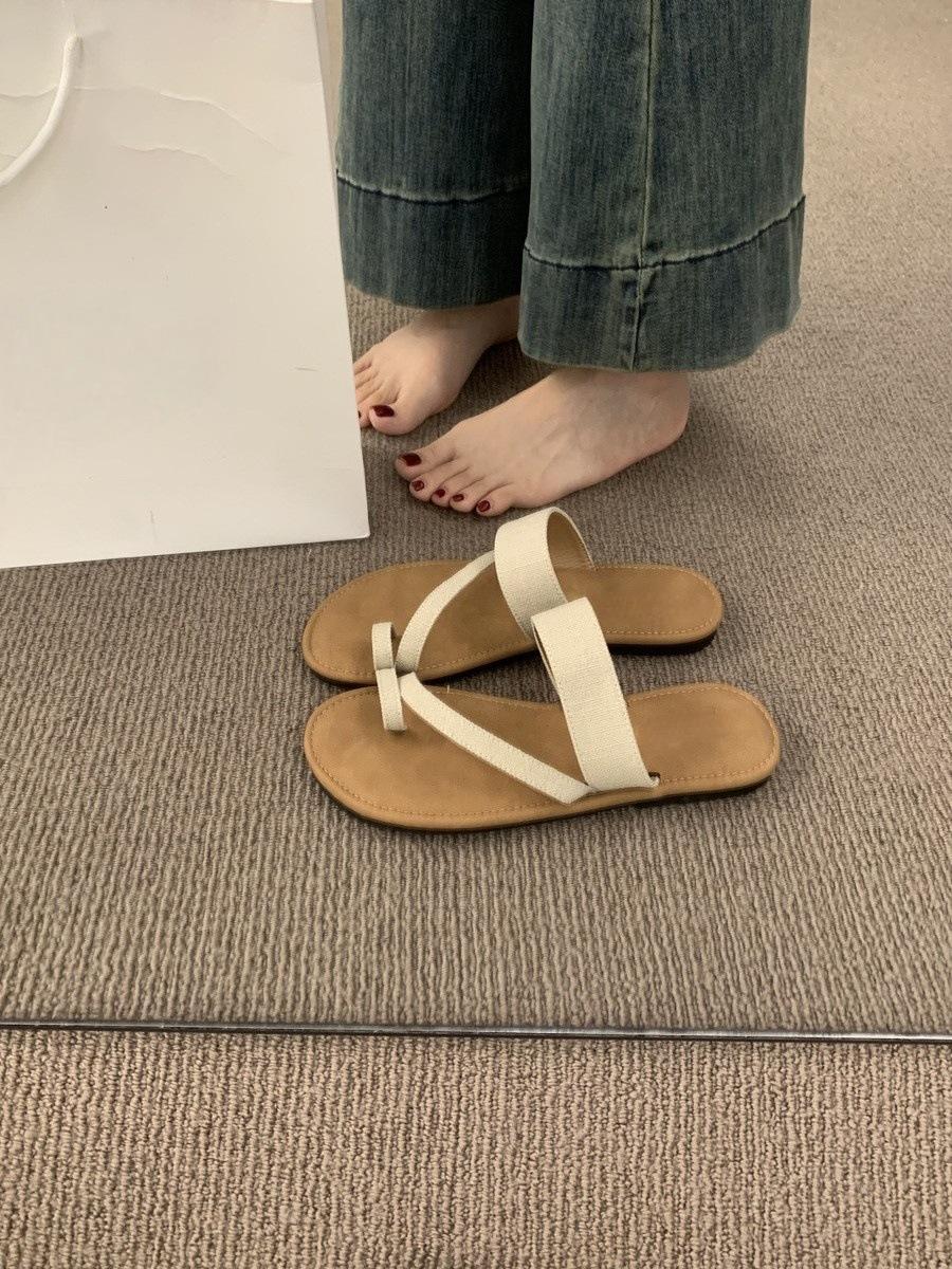 

French flat-bottomed evening breeze linen sleeve toe with cool slippers women s summer vacation casual beach sandals 35 абрикосовый