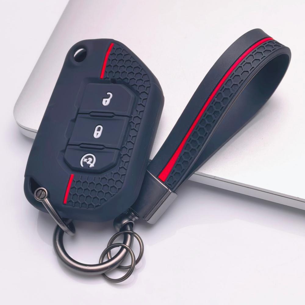 Silicone Key Fob Cover with Matching Keychain Compatible with Jeep Wrangler JL Gladiator JT 2018 2019 2020 2021 2022 2023 3 Button Smart Remote Key
