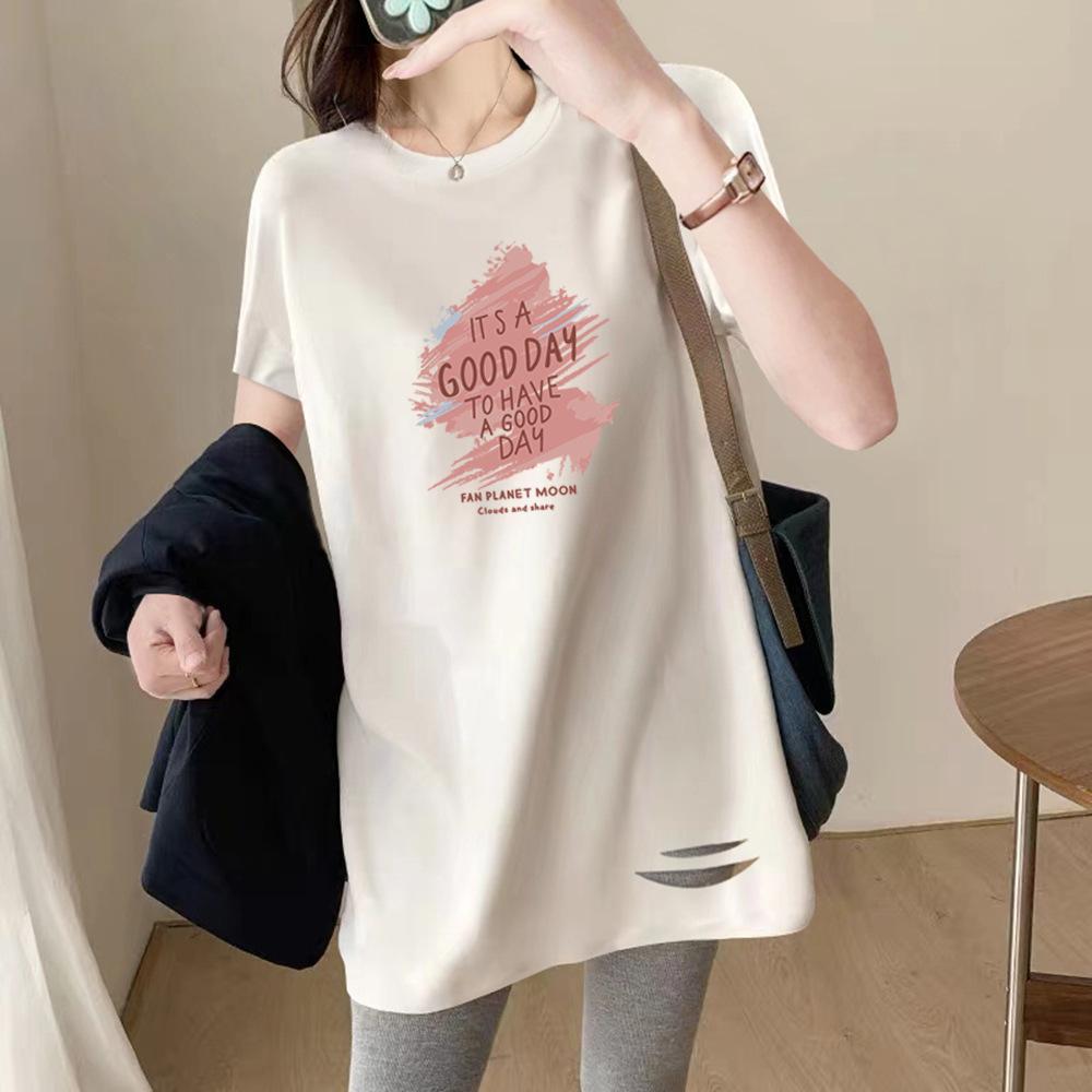 

White cotton ripped t-shirt women s 2025 summer new short-sleeved medium and long loose and thin butt-covering top tide S
