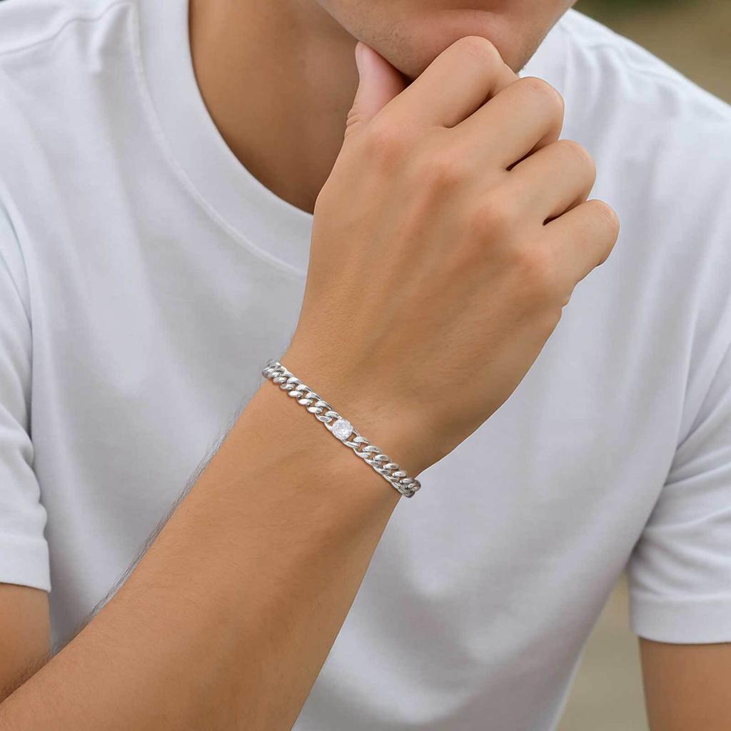 White Zircon Cuban Bracelet for Men Boys,16-21CM Never Fade Curb Chain Links Wristband,Hip Hop Cool Simple Jewelry Gift