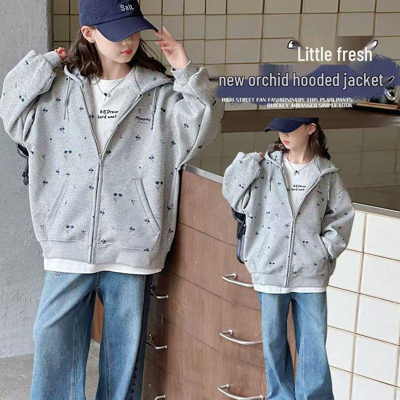 

Children s Spring/Fall Orchid Print Hooded Zip-Up Jacket - Korean High Fashion Style, Girls Outerwear 2025 140 cm