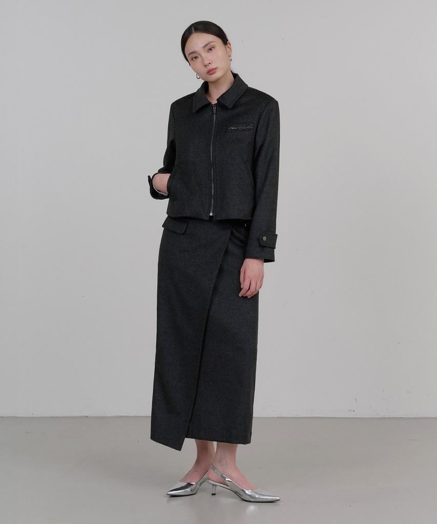 Illoje Asymmetrical Belt Wool Skirt (Charcoal)