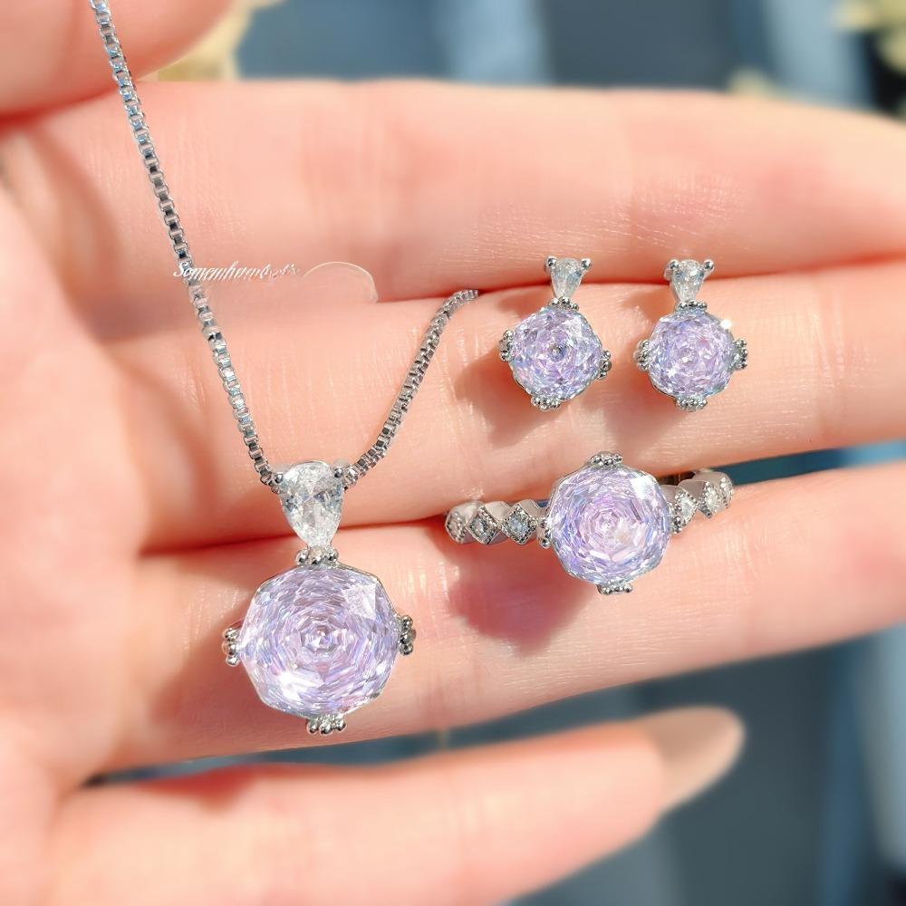 Rose Cut Paraiba Necklace Pendant with High Carbon Diamond Earrings Rose Flower Ring Jewelry Set