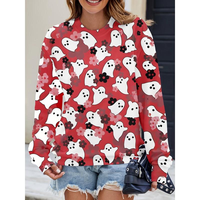 Womens Casual Hoodie With 3D Halloween Print Round Neck Lightweight Breathable Fabric