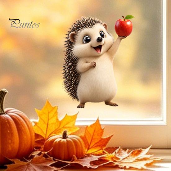 Transparente Fensterfolie Herbst Statische Aufkleber, Herbst Igel Ahornblatt Glasaufkleber, Wiederverwendbare Dekorationen PVC Aufkleber für Zuhause, Geschäft Schaufenster