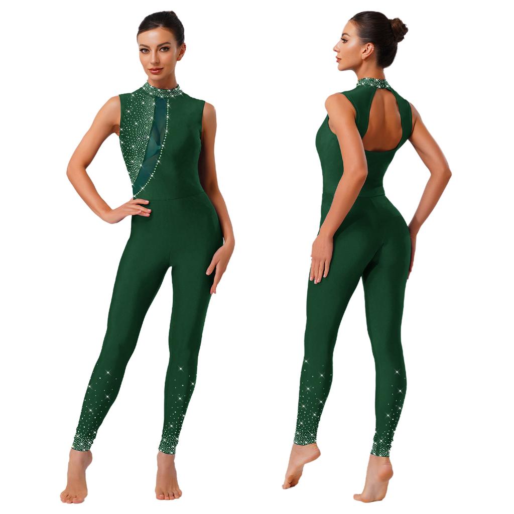 Combinaison de compétition pour femme S-XXL: Combinaison moulante sans manches à dos creux et strass pour gymnastique, yoga, entraînement