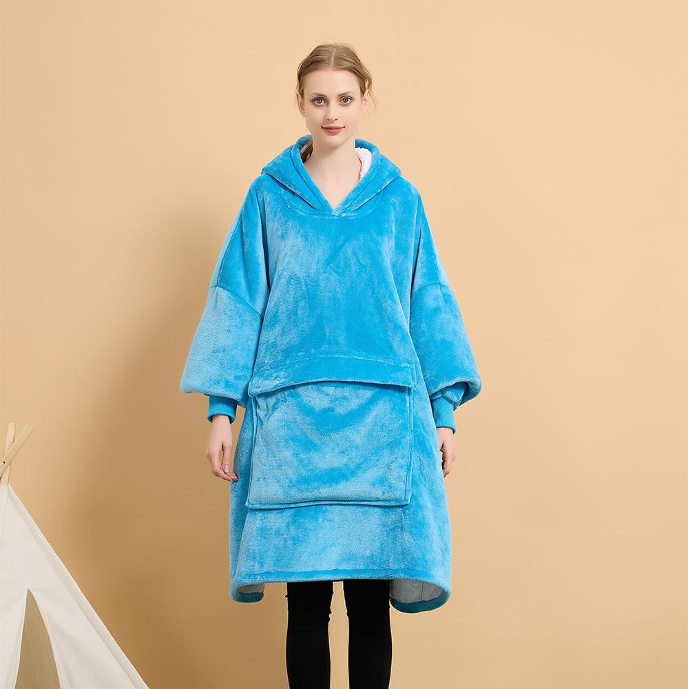 Manufacture Comfortable 100% Polyester Hooded Blanket Flannel Fleece Solid Color Cozy Warm Blanket Hoodie