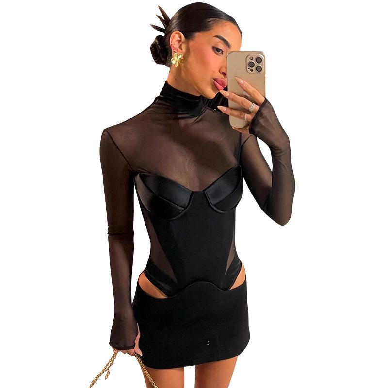 European & American High Neck Mesh Bodycon Mini Skirt with Cutout Design