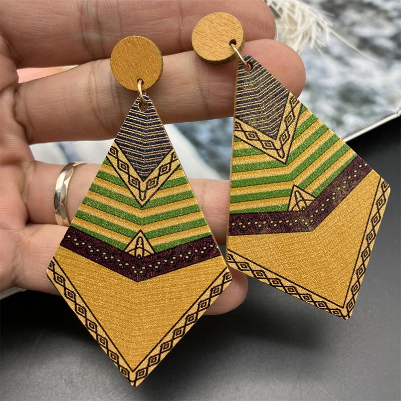 Vintage Line Polka Dot Pattern Geometric Wooden Earrings for Women Unique Design Printed Elegant Dangle Earring Female Jewelry