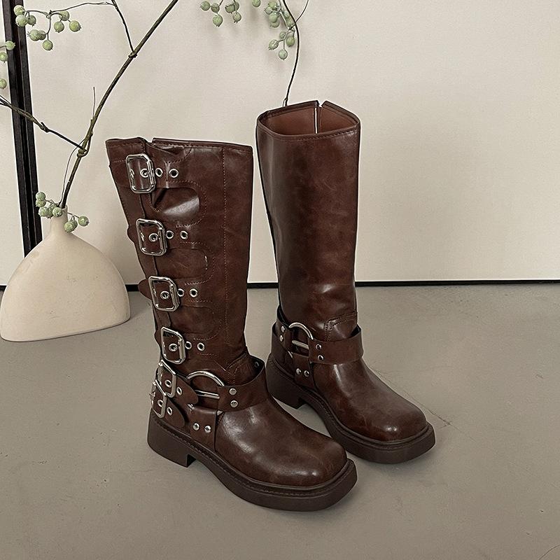 Retro Martin Boots Women's Fashion Versatile Design Sense 2025 Autumn and Winter New Brown High Boots Cowboy Boots Women's Boots