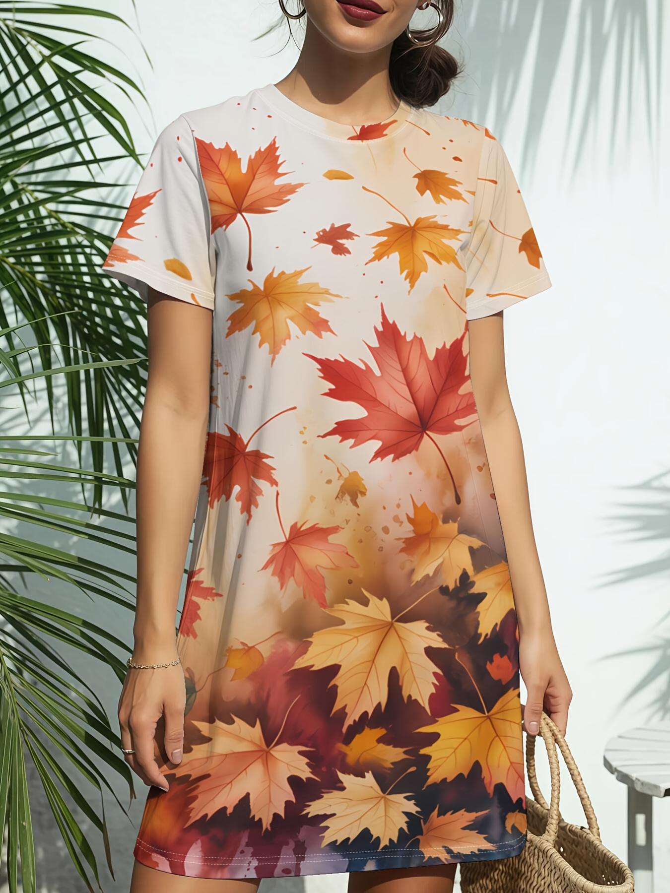 

Autumn Watercolor New Arrival Women S Round Neck Short-Sleeve T-Shirt Dress. American Trendy Digital Print. Casual Versatile Style for Spring And Summ 2XL дубильна кора