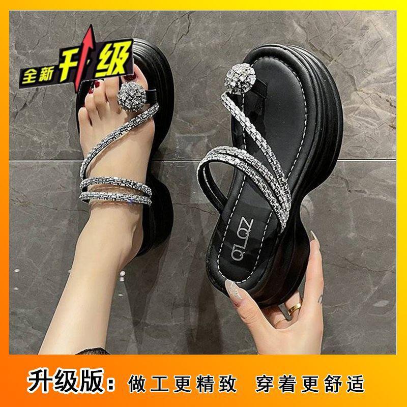 Fashion versatile height-increasing muffin fairy style sandals female 2025 summer new wear rhinestone sleeves toe slippers
