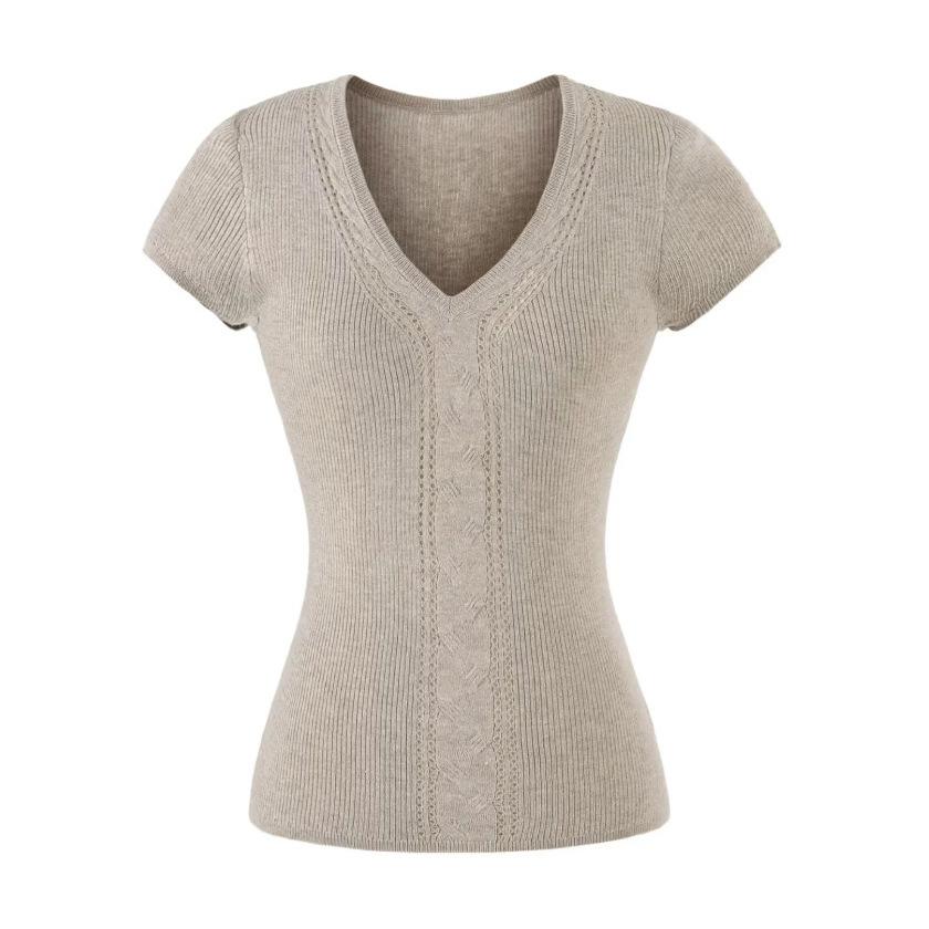 Twisted hollow short-sleeved T-shirt women's summer new American Spice Girl solid color V-neck slim-fitting knitted bottoming top