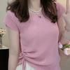 Korean Style Women's Slim Fit Ice Silk Short Sleeve Knit Top - Fashionable Summer Drawstring Design, Versatile and Chic.
