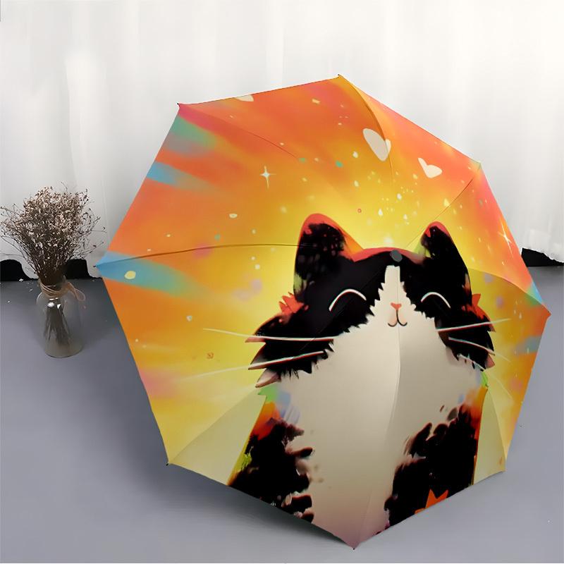 1pc Cat Sunset Automatic Open 8-Rib Windproof Umbrella, Travel & Commuting, Suitable for All Seasons, Lightweight Portable,039