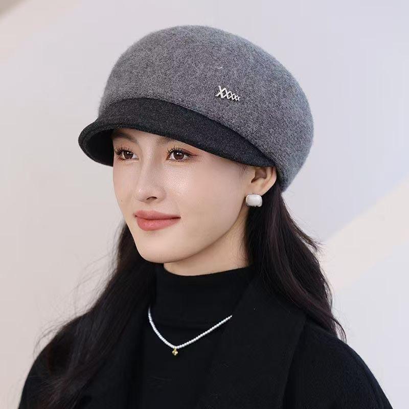 Damen Retro Woll-Barett - Schlankmachende Strickmütze mit Entenschnabel für Herbst & Winter