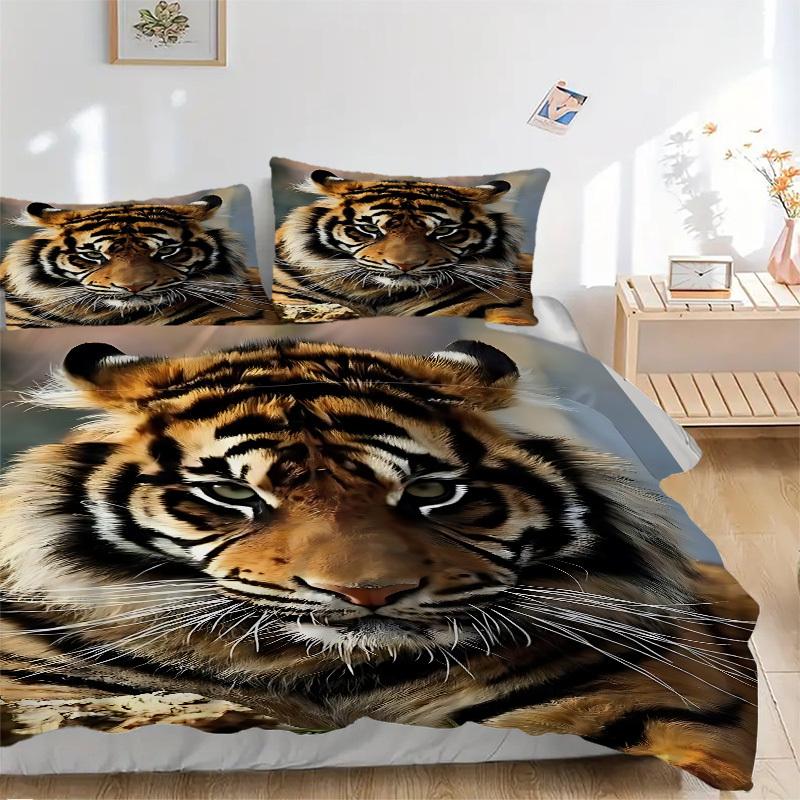 3PCs Tiger Print Design Cover Set, Breathable Fabric, Machine Washable (1 Duvet Cover + 2 Pillowcases) (Without Quilt) yy250911088
