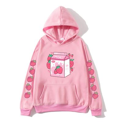Erdbeermilch-Karikatur-Druck Hoodies Frauen/Männer Kleidung Kawaii Mädchen Winter Kapuzenpullover Sudaderas Niedliches Print-Sweatshirt