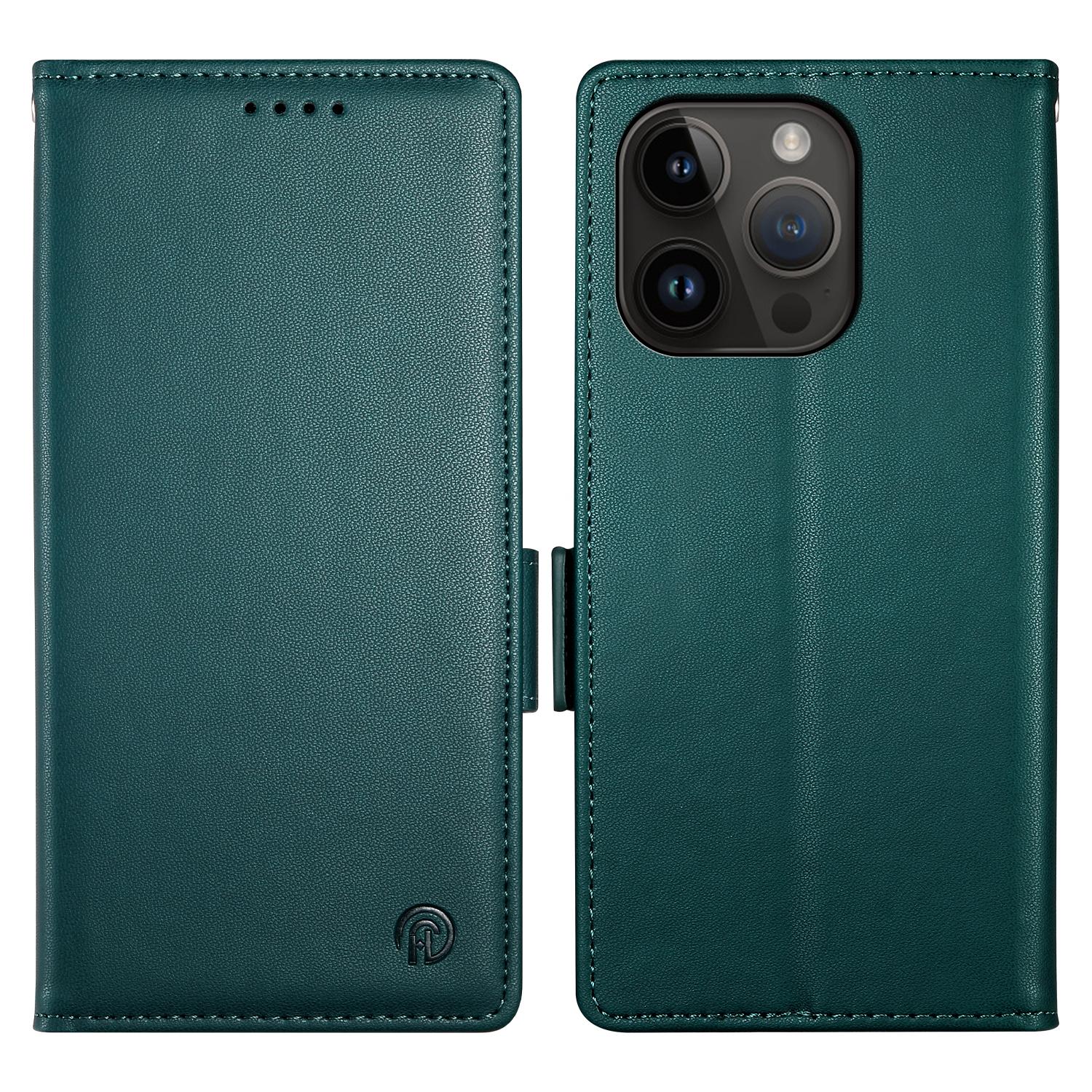 

DF-010 For iPhone 15 Pro Case Side Magnetic Clasps Leather Wallet Stand Phone Cover Blackish Green