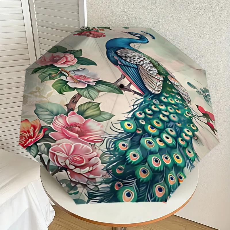 1PC Peacock Flowers Automatic Open/Close Umbrella with Windproof, 8-Rib Sturdy Canopy, Durable Ribs, Fashionable Design,1297a