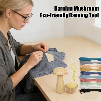 1 Set Darning Mushroom Wood Darning Egg Knitting Repair Tool Sewing Tool with Elastic Rope Large Eye Needle for Darning Socks Hats Sweaters DIY Crafts