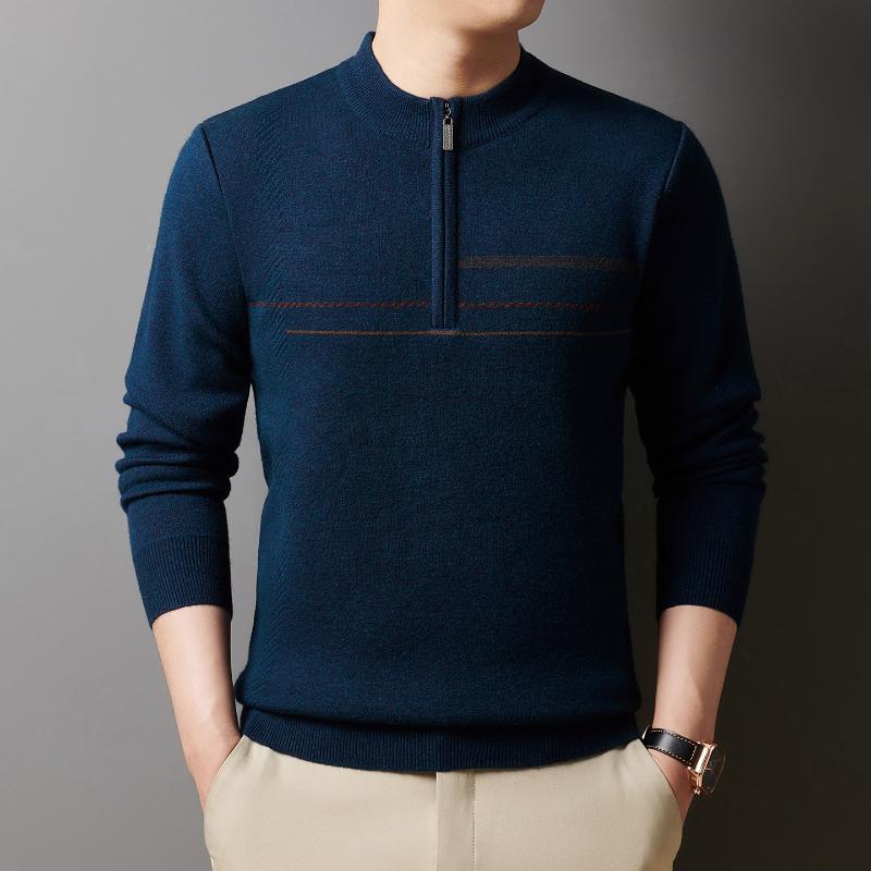 Autumn Winter Half High Neck Half Zip Anti Pilling Sweater Men's Middle Aged Casual Warm Knitted Thickened Undershirt