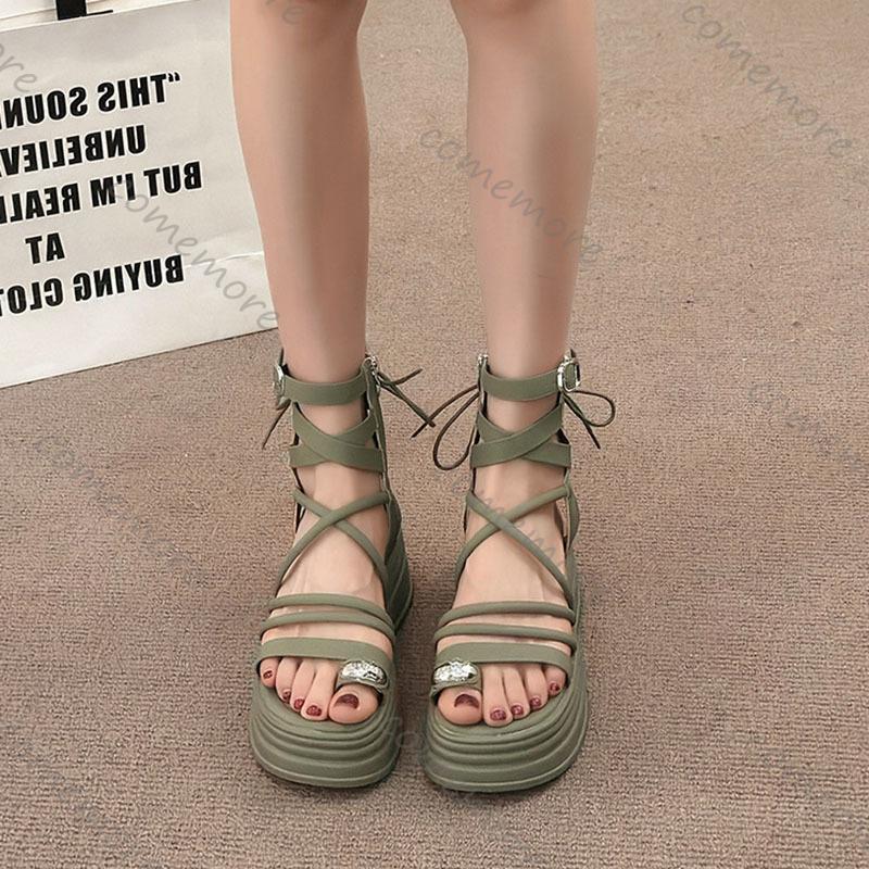 Fashion Comemore New Round Head Set Toe Women's Shoes Thick Soled Roman Sandals Tide Hollow Cold Strap Sports Beach Boots for Women