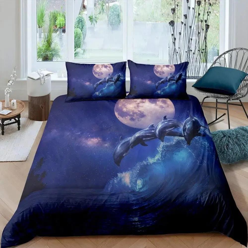 Blue Sea And Galaxy Duvet Cover Set Full,3D Whale Ocean Creatures Bedding Sets Space Starry Mysterious Nebula Comforter Cover