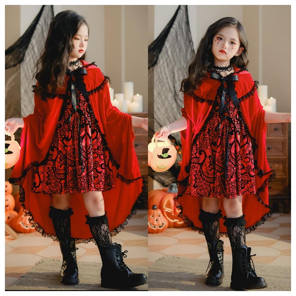 [AssassinCat] Halloween Children's Cosplay Costume Fairy Tale Little Red Riding Hood Dress Retro Court Stage Show Girls Walking Children's Clothing