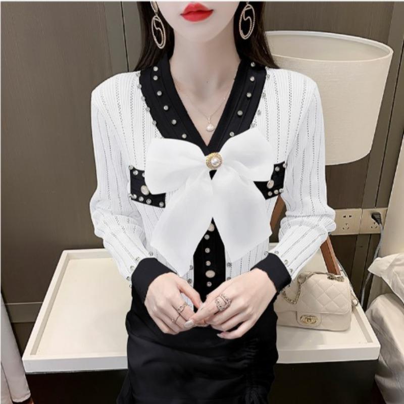 Spring Autumn Women Full Sleeve V-neck Luxury Diamond Beading Bowtie Knitted Sweater Single Breasted Cardigans Tops