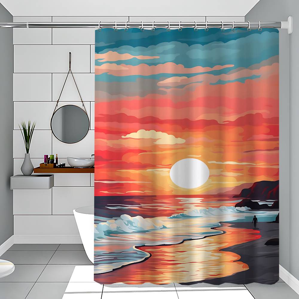 Beach Scenery Shower Curtain Bath Curtain Print Polyester Fabric Waterproof Bathroom Curtains With Hooks Bath Screen