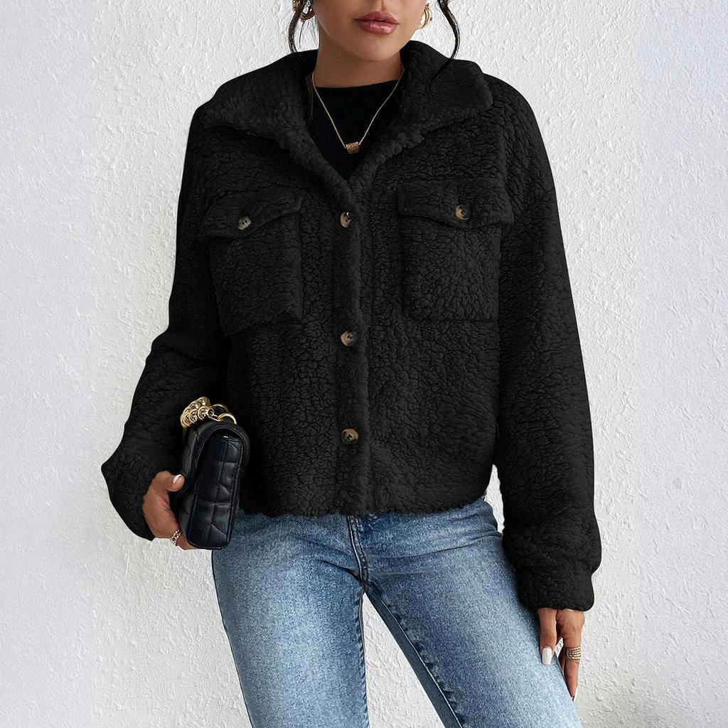 Women's Fashionable Solid Color Long Sleeved Lapel Pocket Plush Short Casual Jacket Jacket
