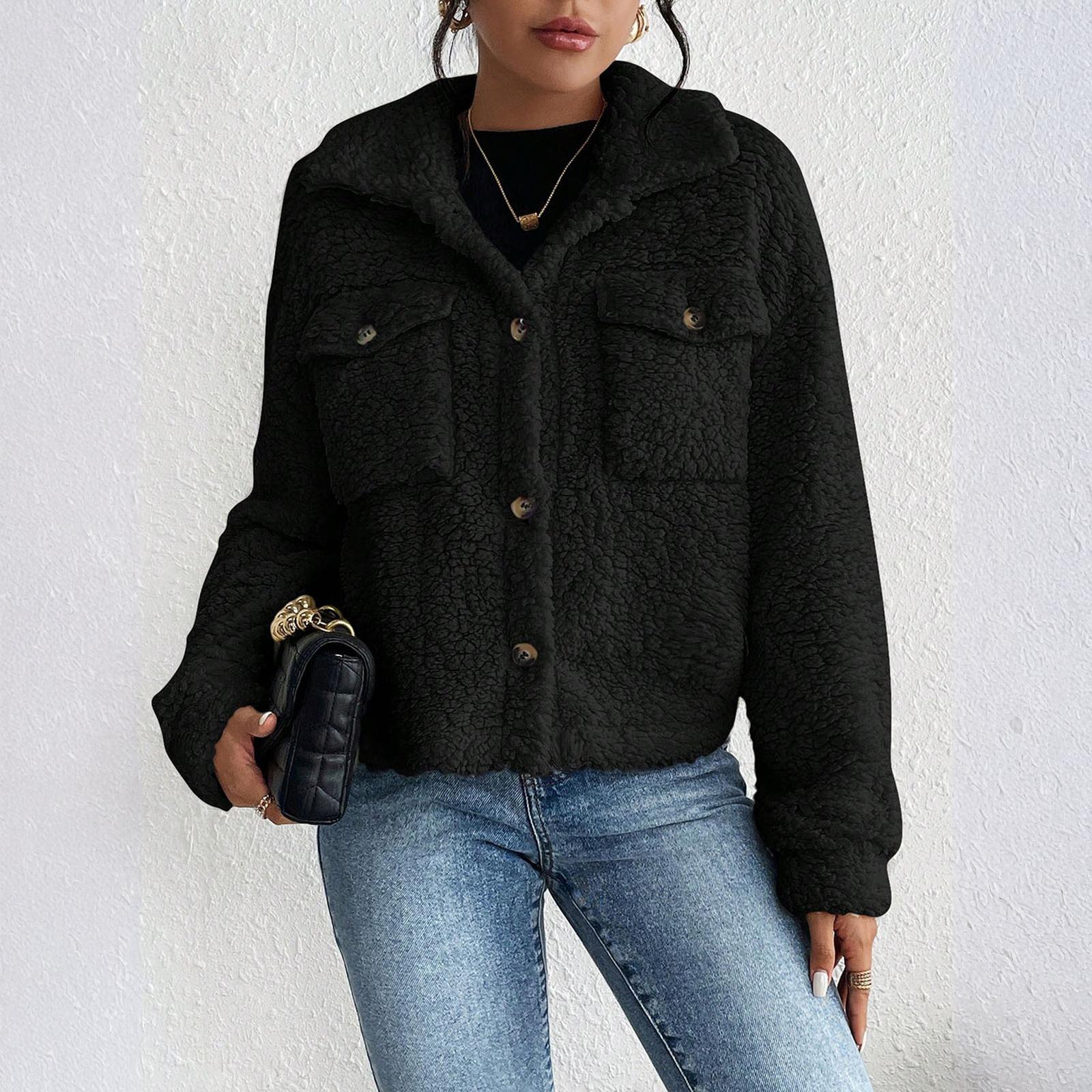 

Женская модная однотонная куртка с длинными рукавами, лацканами, карманом и плюшевой отделкой, короткая, повседневная S