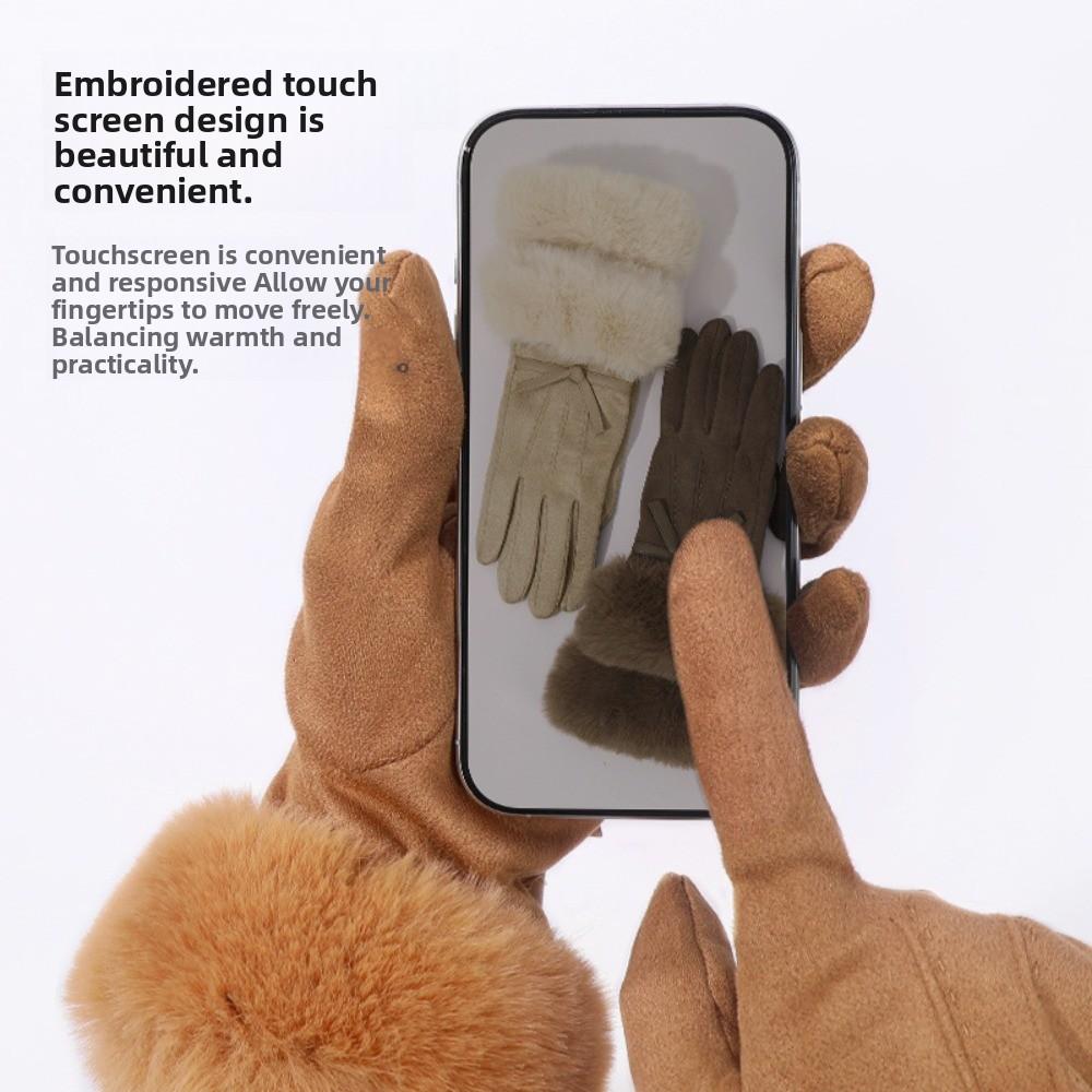 Velvet Pu Leather Gloves Bow Women Cycling Mittens All-Match Winter Suede Gloves Winter