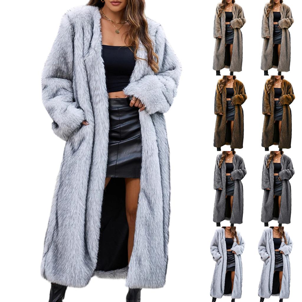 Women's Fashion Plush  Jacket Casual Solid-color Long-sleeved Cardigan Long Coat