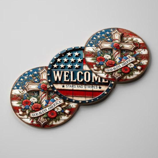Patriotic Wooden Coasters, Vintage American Theme Coasters with Heat Resistant & Non-Slip Design, 10cm Round Universal Size for Holiday Decor