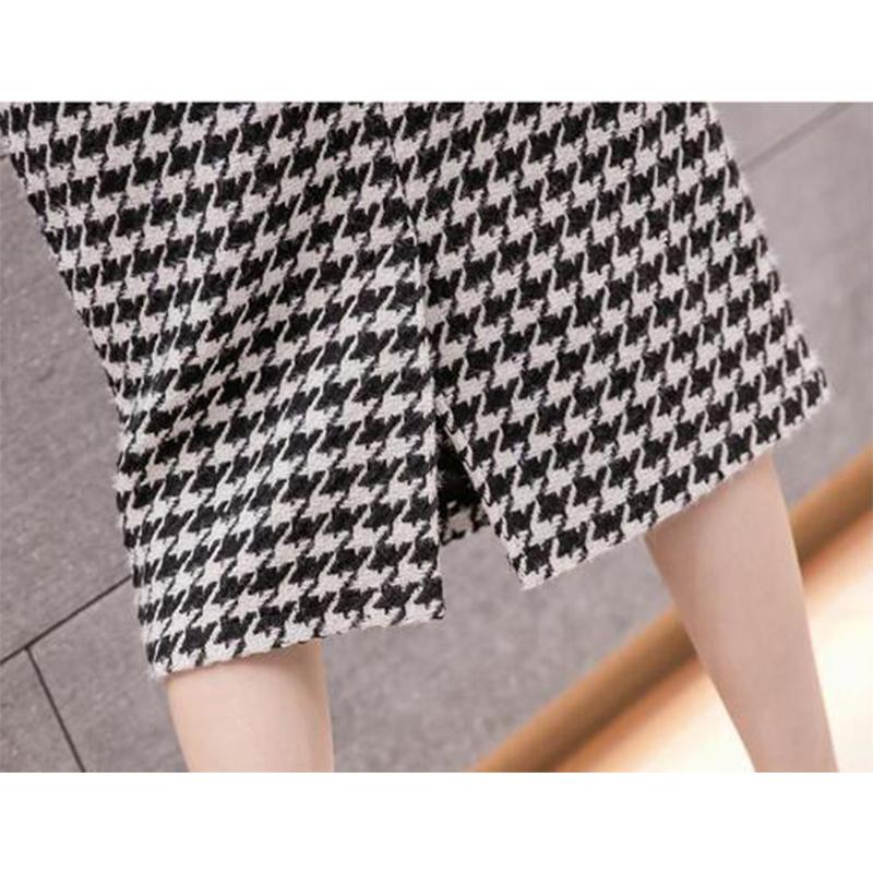 Autumn Winter Elegant Fashion Houndstooth Print Pencil Skirts Office Lady High Waist Temperament All-match Split Bodycon Skirt