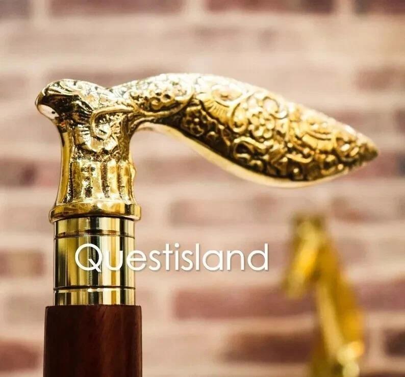 

Walking Stick Handle Brass Wooden Victorian Foldable Cane Collectible Mens Gift, золотой
