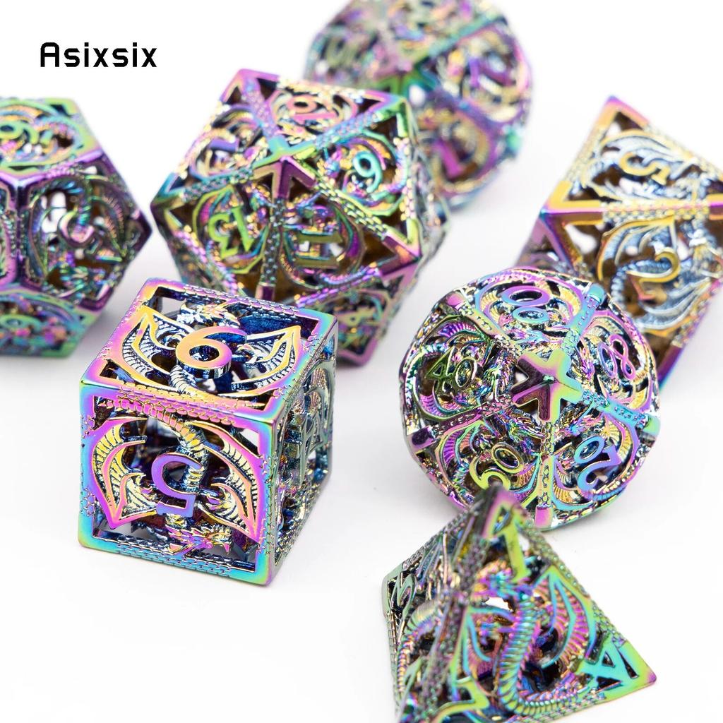 7 Pcs Silver Colorful Dragon Metal Dice Hollow Metal Polyhedral Dice Set Suitable for Role-Playing RPG  Board Game Card Game